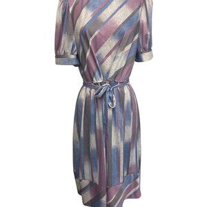 Vintage Glamax Striped Dress With Puff Sleeves & Waist Tie Size M Made In USA Mu